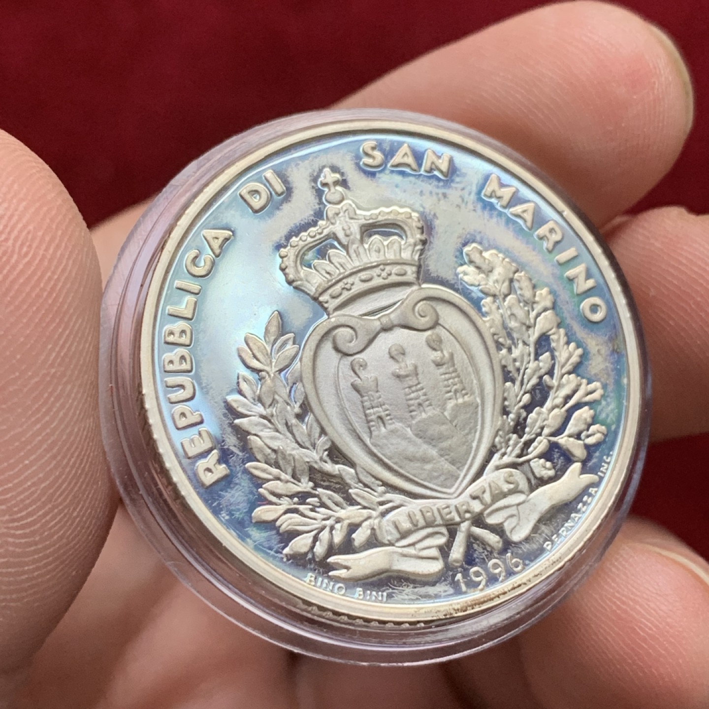 《竞宝斋》第102场-本周四 套币裸币专场（全场不限金额包邮） 原盒证书 圣马力诺1996年 欧元纪念 10000里拉精制大银币 22克