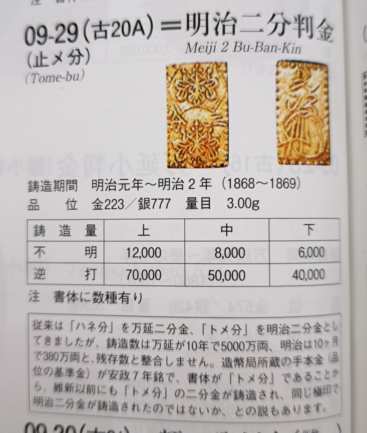 日本明治二分金，1868-69年，223金、二分判金，含纯金0.7克。近未流通 