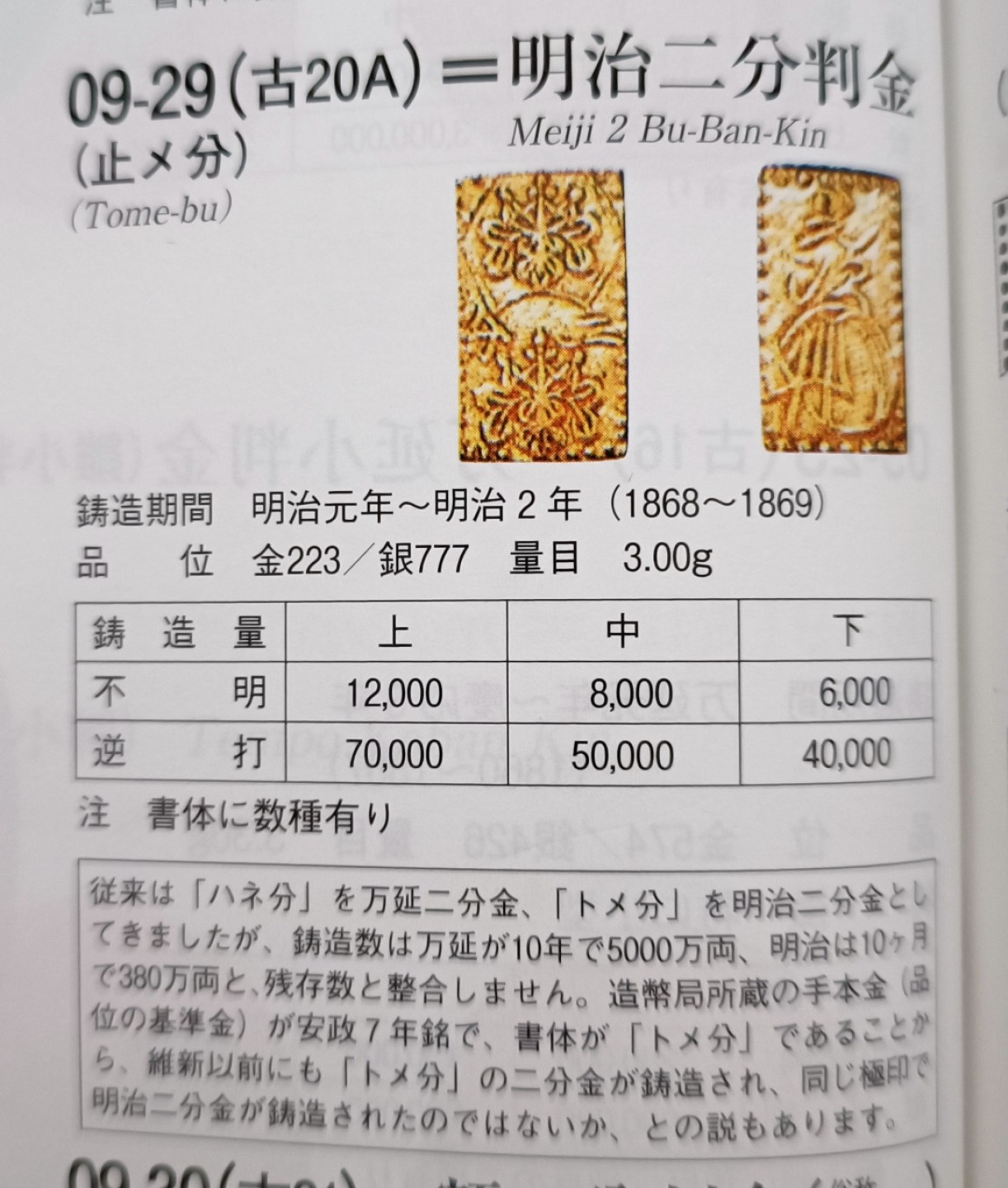 日本明治二分金，1868-69年，223金、二分判金，含纯金0.7克。近未流通