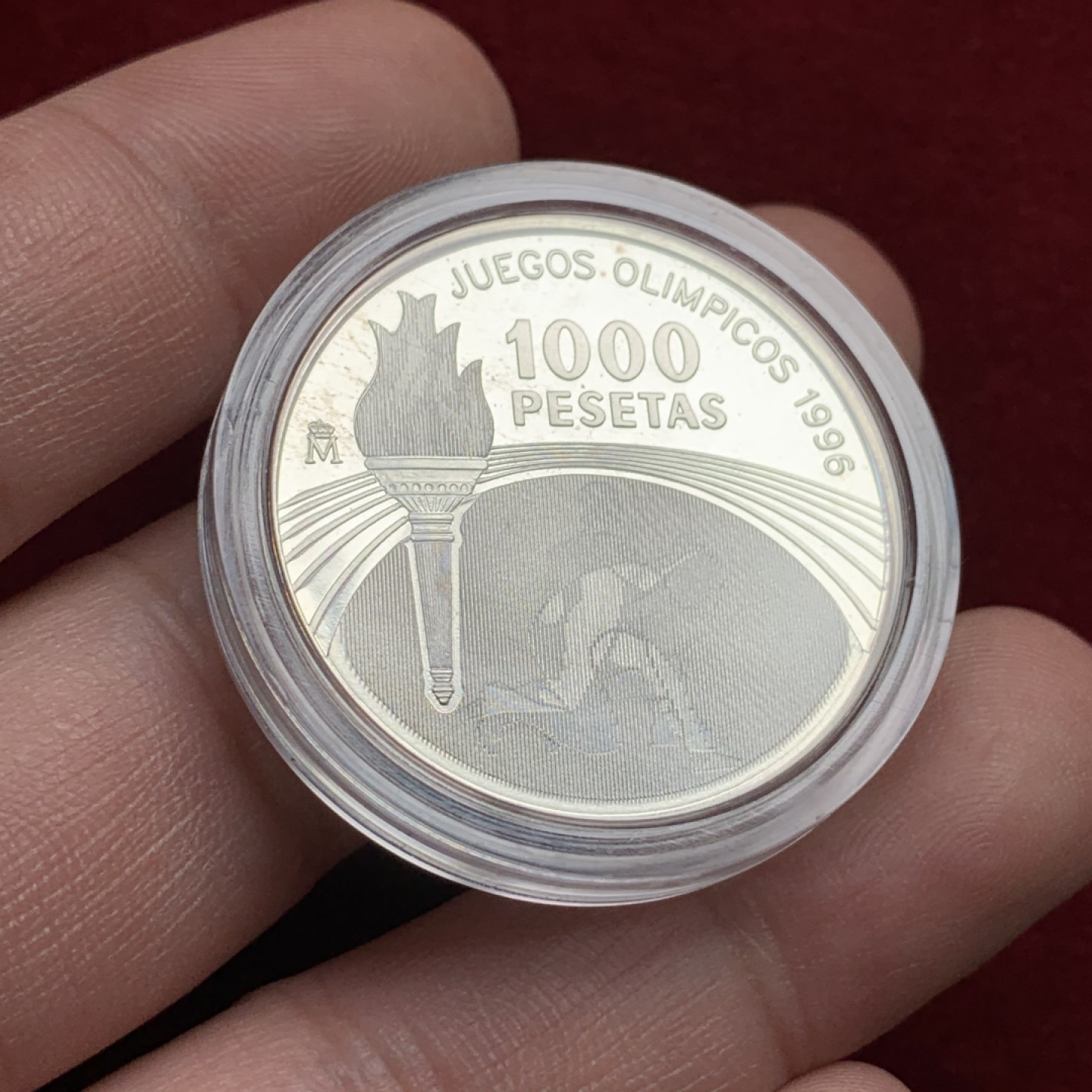 《竞宝斋》第102场-本周四 套币裸币专场（全场不限金额包邮） 原盒证书 西班牙1996年 奥运纪念1000比塞塔银币 13.5克