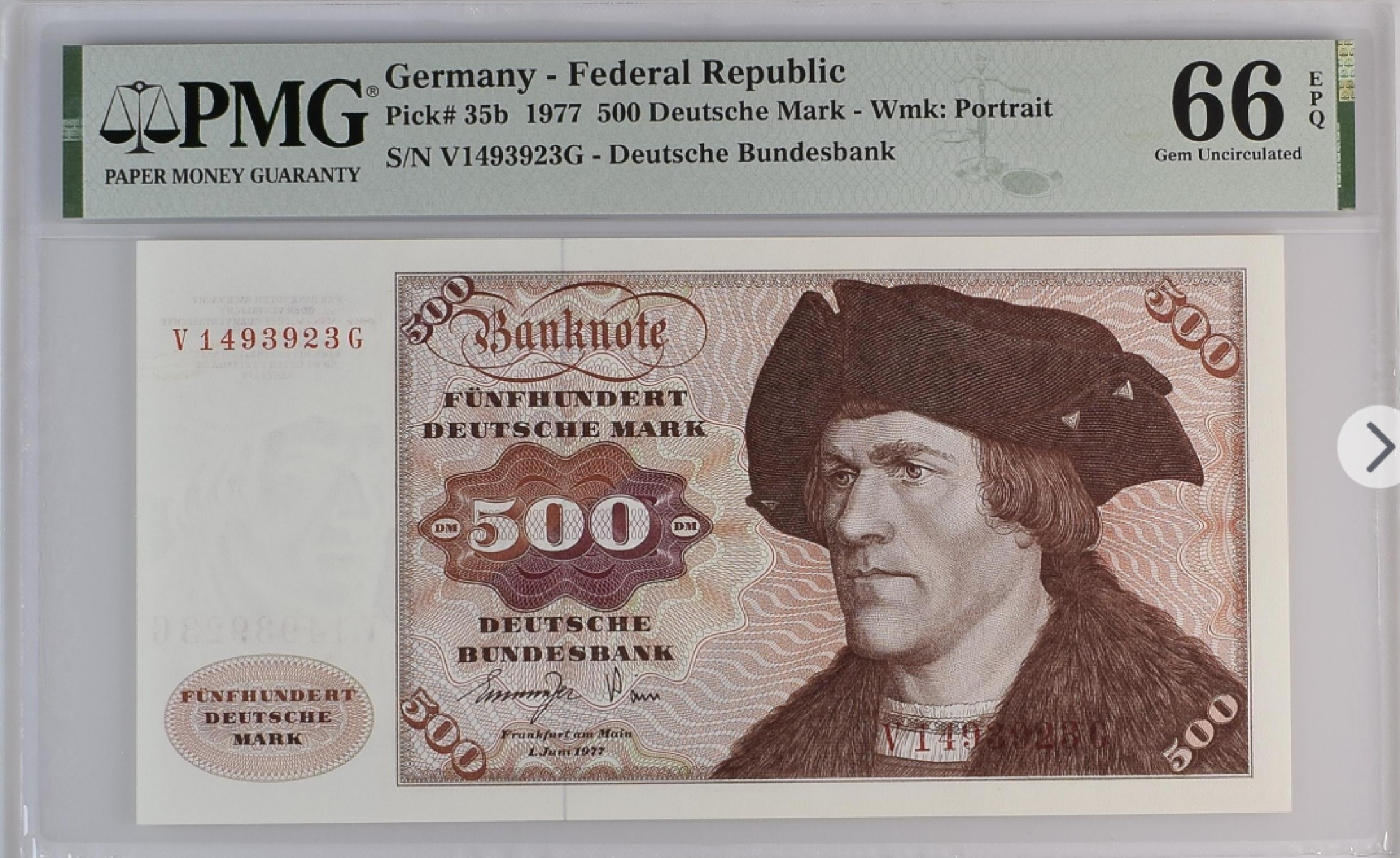 收藏联盟Quantum Auction 第197期拍卖 (已更新) 德国联邦1977年500马克 PMG66 大副 