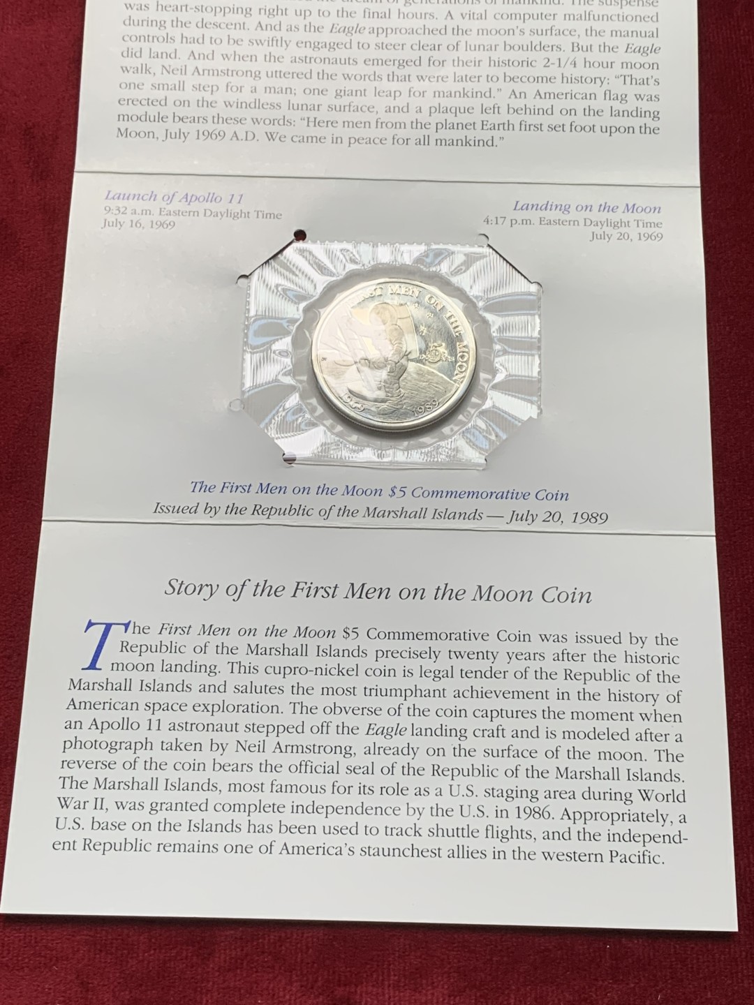 《竞宝斋》第102场-本周四 套币裸币专场（全场不限金额包邮） 卡装马绍尔群岛1989年纪念阿波罗十一登月20周年5元镍币