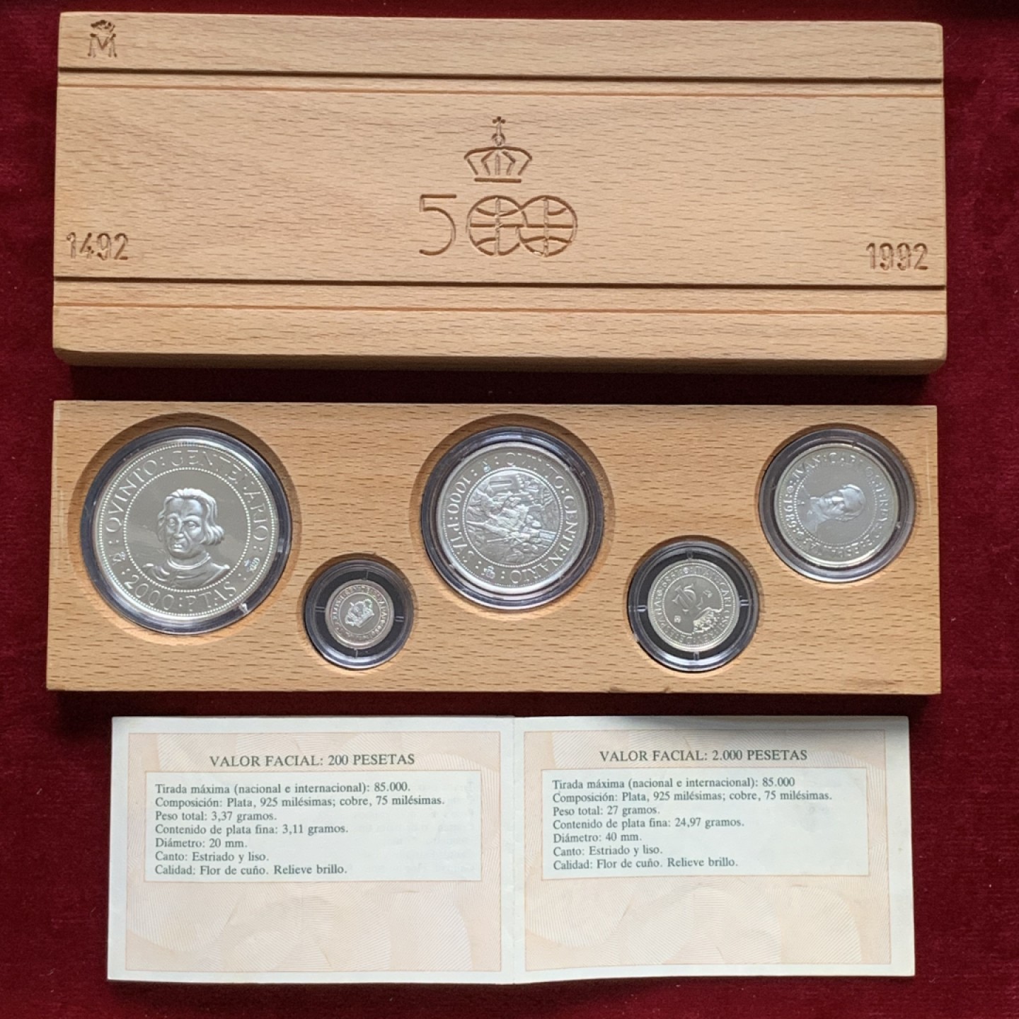 《竞宝斋》第102场-本周四 套币裸币专场（全场不限金额包邮） 原盒证书 西班牙1989年 发现美洲新大陆500周年纪念一组5枚银币 非常漂亮