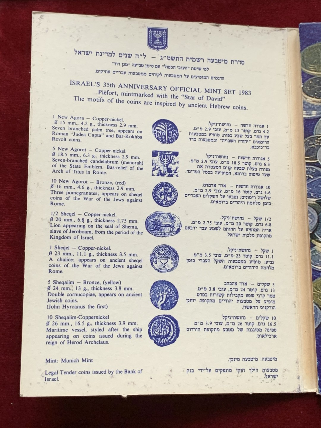 《竞宝斋》第102场-本周四 套币裸币专场（全场不限金额包邮） 官方原装 以色列1983年 不同面值7枚套 加厚PIEFORT 35周年纪念套币 稀少