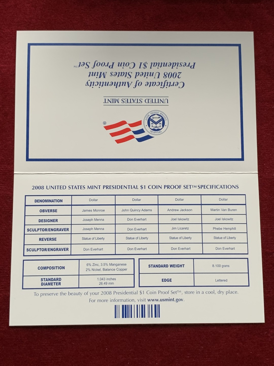 《竞宝斋》第102场-本周四 套币裸币专场（全场不限金额包邮） PROOF封装美国2008年 四任总统1817-1841年 一美元精制铜币 