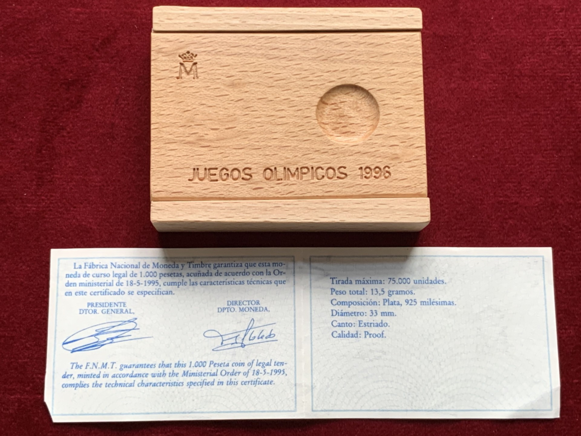 《竞宝斋》第102场-本周四 套币裸币专场（全场不限金额包邮） 原盒证书 西班牙1996年 奥运纪念1000比塞塔银币 13.5克