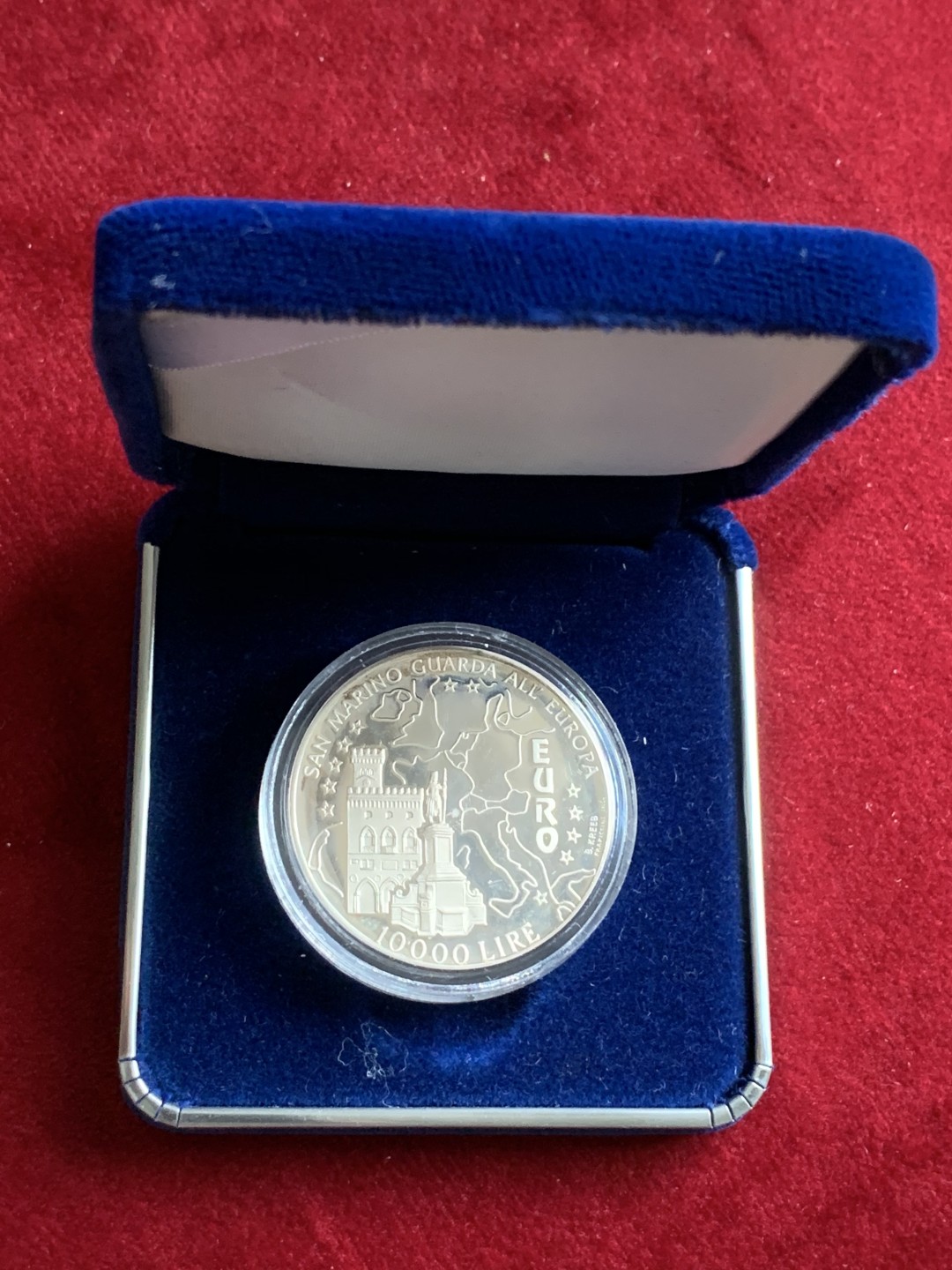《竞宝斋》第102场-本周四 套币裸币专场（全场不限金额包邮） 原盒证书 圣马力诺1996年 欧元纪念 10000里拉精制大银币 22克