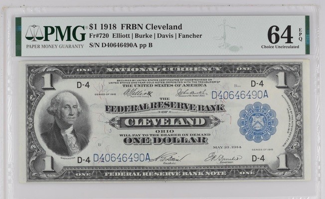 收藏联盟Quantum Auction 第197期拍卖 (已更新) 美国1918年联邦国民银行券(克利夫兰)1元 PMG64e 白头海雕 大票幅