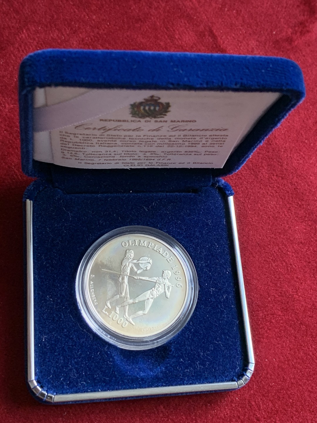 《竞宝斋》第102场-本周四 套币裸币专场（全场不限金额包邮） 原盒证书 圣马力诺 1996年 奥运纪念 1000里拉精制银币