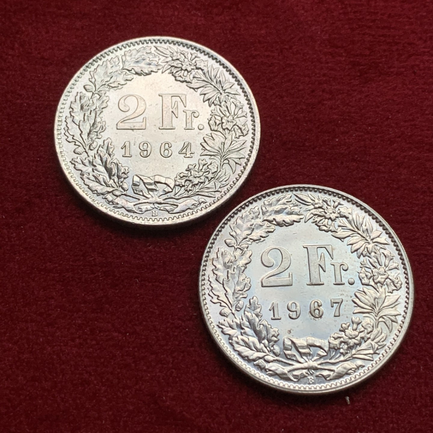 《竞宝斋》第102场-本周四 套币裸币专场（全场不限金额包邮） 瑞士 1964/1967年 2法郎银币一对 都是BU品 可以自己送评