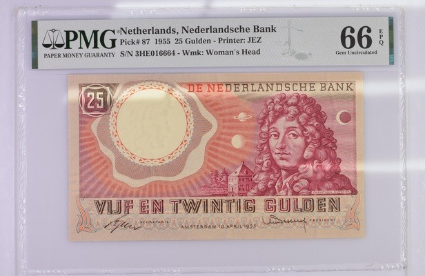 收藏联盟Quantum Auction 第197期拍卖 (已更新) 荷兰1955年25盾 PMG66 天文学家惠更斯 内含豹子号666