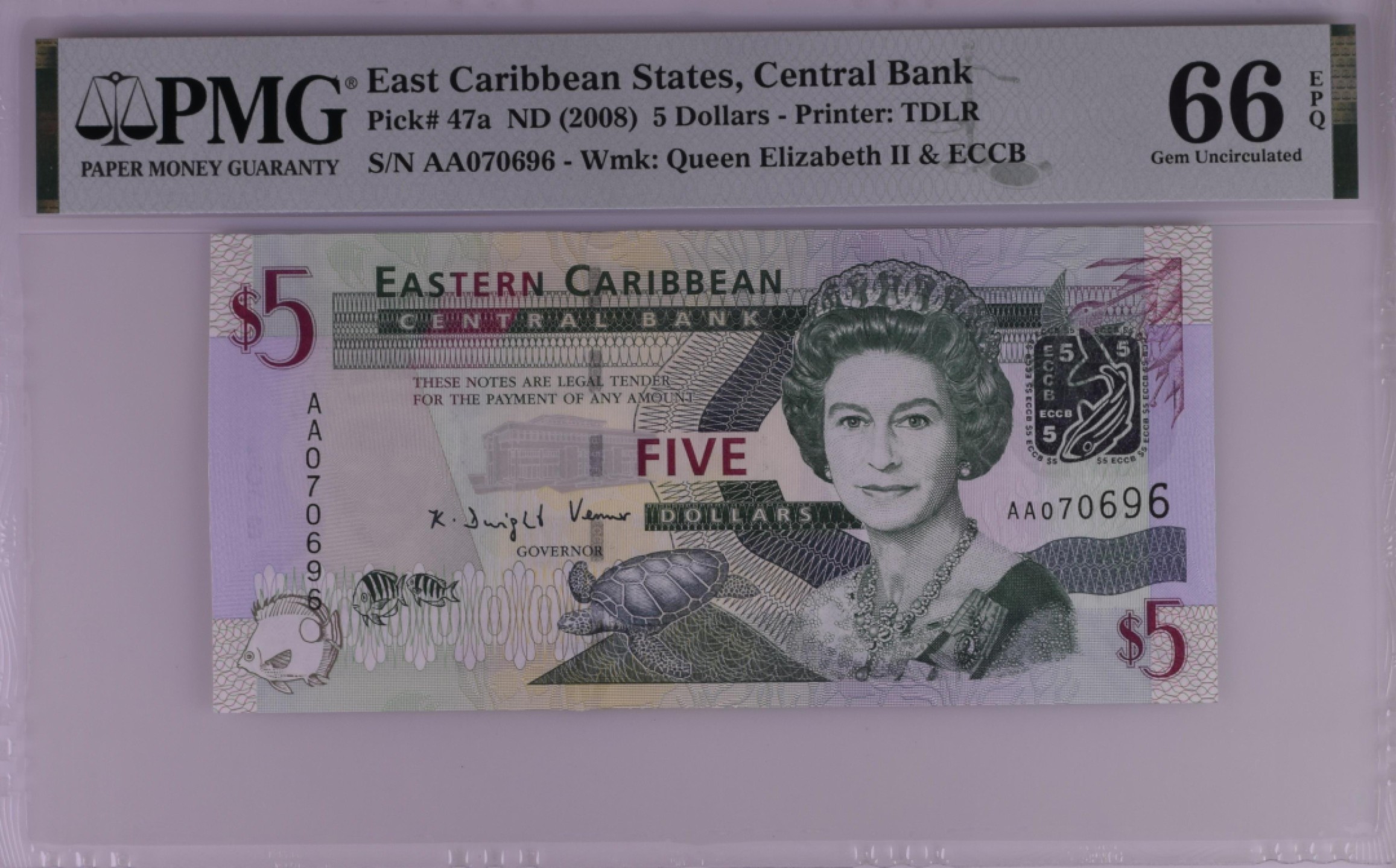 收藏联盟Quantum Auction 第197期拍卖 (已更新) 东加勒比2008年5元 PMG66 AA首发冠