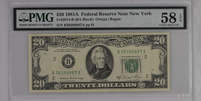 收藏联盟Quantum Auction 第197期拍卖 (已更新) 美国1981年联邦储备券20元 PMG58e