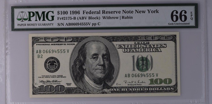 收藏联盟Quantum Auction 第197期拍卖 (已更新) 美国1996年联邦储备券100元 PMG66 豹子号555