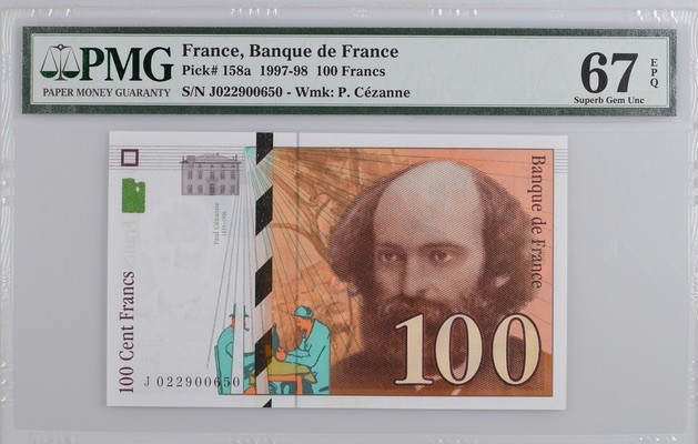 收藏联盟Quantum Auction 第197期拍卖 (已更新) 法国1997年100法郎 PMG67 首发年份的号码不带4