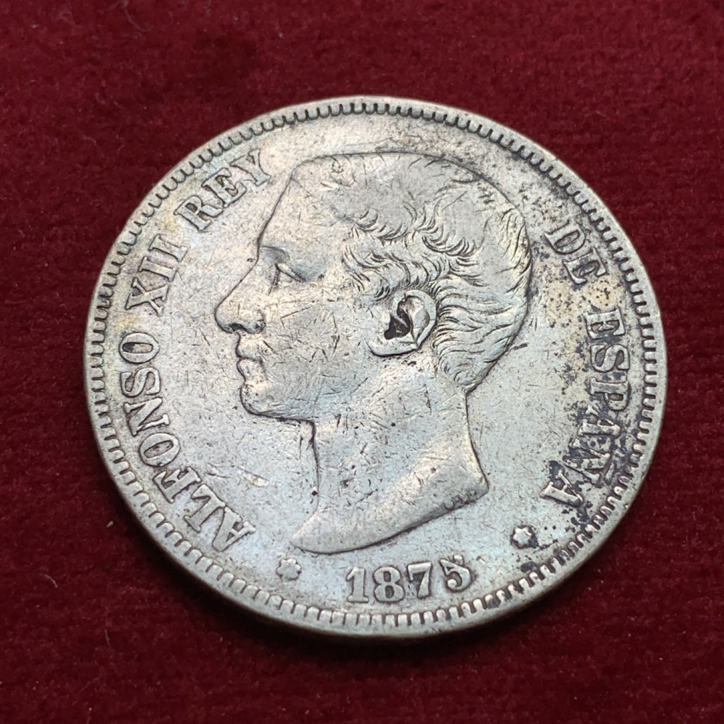 《竞宝斋》第102场-本周四 套币裸币专场（全场不限金额包邮） 西班牙 1875年 阿方索十二世 5比塞塔 银币