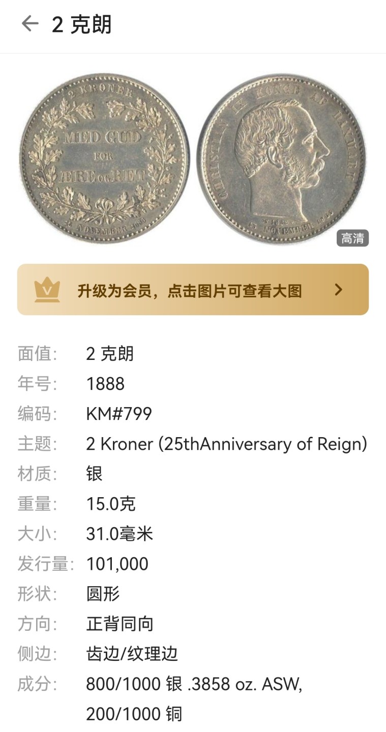 瓶子🏺第60期拍卖会 稀少丹麦1888-1892年2克朗纪念银币