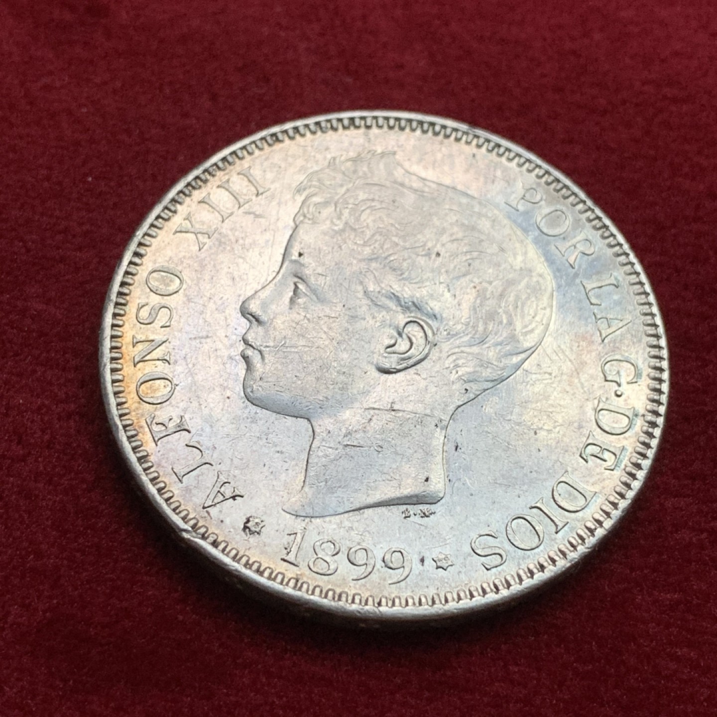 《竞宝斋》第102场-本周四 套币裸币专场（全场不限金额包邮） 西班牙 1899年阿方索十三世 5比塞塔 大银币 原光好品