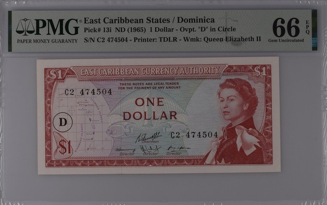 收藏联盟Quantum Auction 第197期拍卖 (已更新) 东加勒比1965年(多米尼加)1元 PMG66 稀少版本