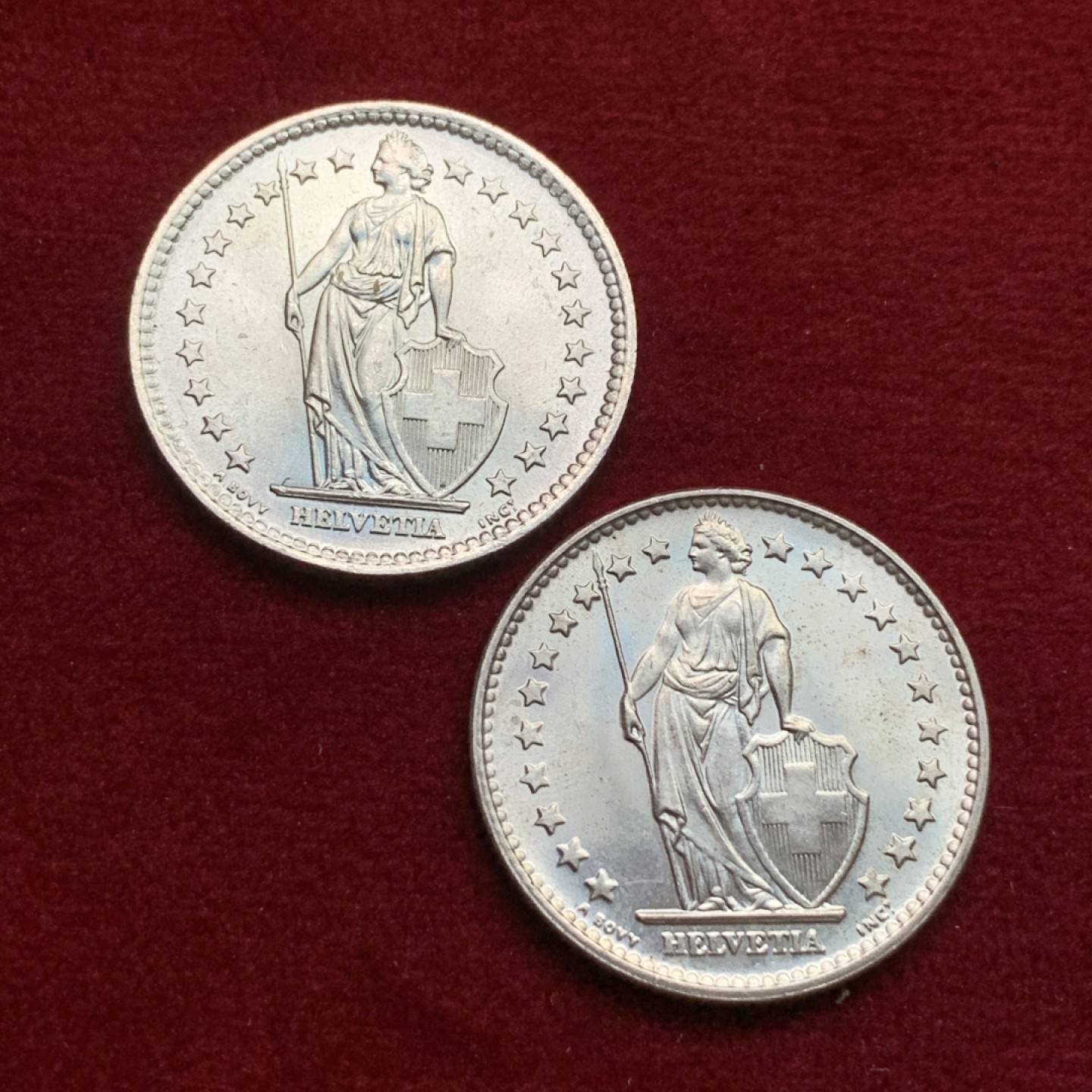 《竞宝斋》第102场-本周四 套币裸币专场（全场不限金额包邮） 瑞士 1964/1967年 2法郎银币一对 都是BU品 可以自己送评