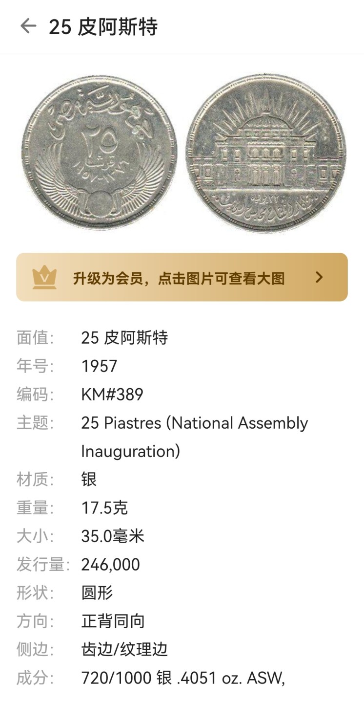 瓶子🏺第60期拍卖会 埃及1957-1960年25皮埃斯特国会纪念银币2枚