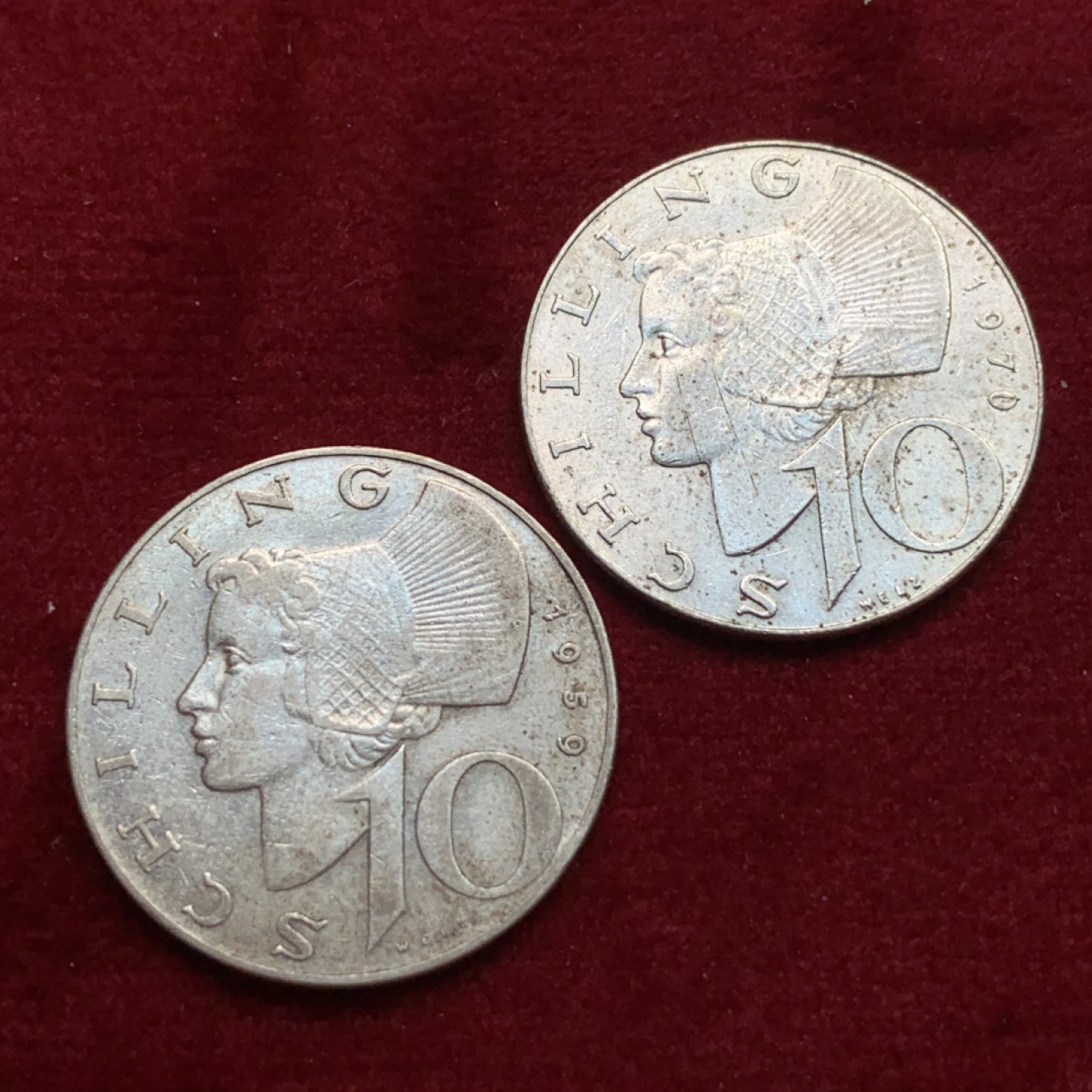 《竞宝斋》第102场-本周四 套币裸币专场（全场不限金额包邮） 奥地利 女神银币一组 1970年10先令一枚 1959年10先令一枚