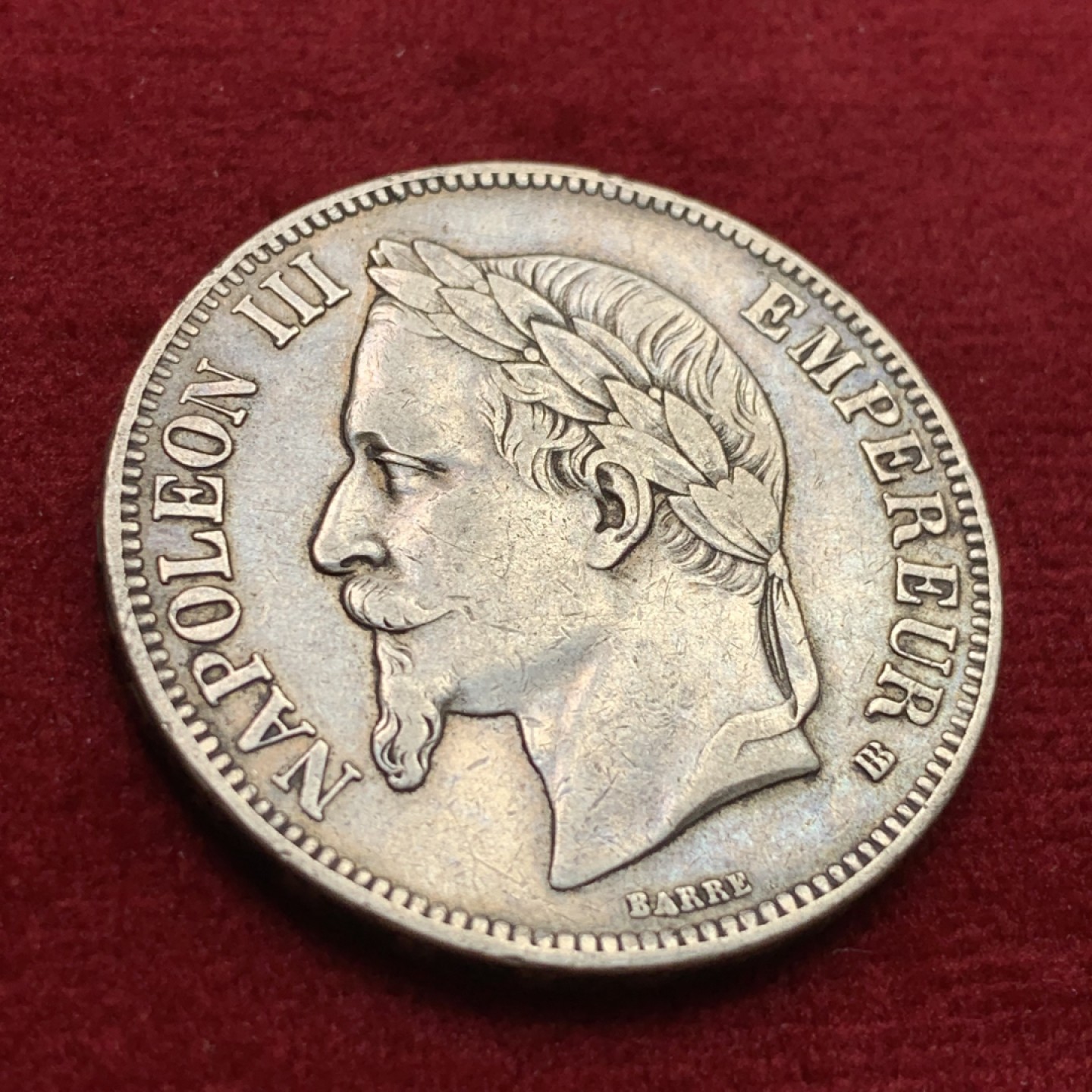 《竞宝斋》第102场-本周四 套币裸币专场（全场不限金额包邮） 法国 1867年 拿三 5法郎 银币 原味好细节