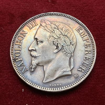 《竞宝斋》第102场-本周四 套币裸币专场（全场不限金额包邮） - 法国1868年 拿三5法郎 大银币 五彩包浆