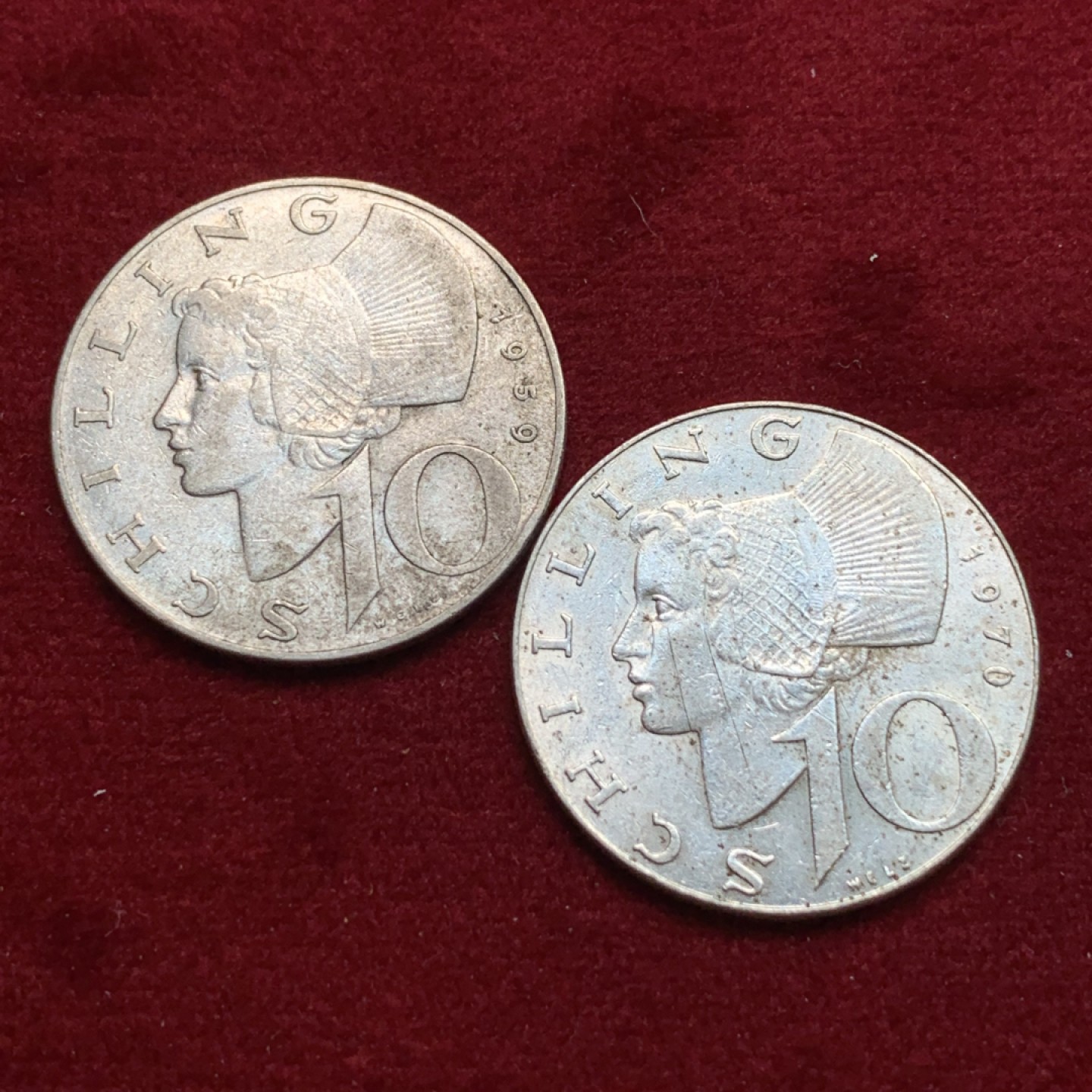 《竞宝斋》第102场-本周四 套币裸币专场（全场不限金额包邮） 奥地利 女神银币一组 1970年10先令一枚 1959年10先令一枚