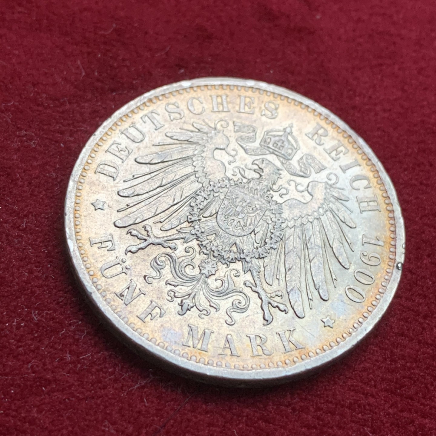 《竞宝斋》第102场-本周四 套币裸币专场（全场不限金额包邮） 德国普鲁士 1900年 威廉二世5马克大银币 金彩