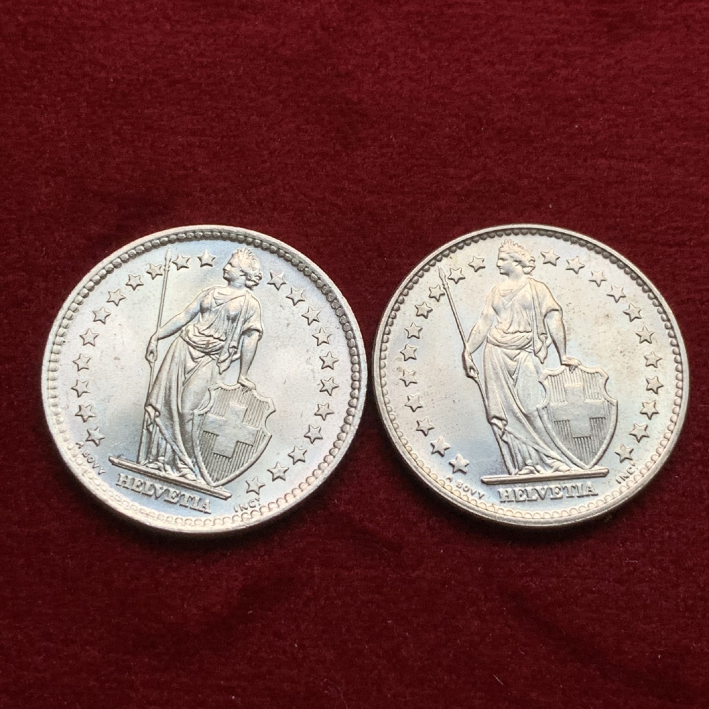 《竞宝斋》第102场-本周四 套币裸币专场（全场不限金额包邮） 瑞士 1964/1967年 2法郎银币一对 都是BU品 可以自己送评