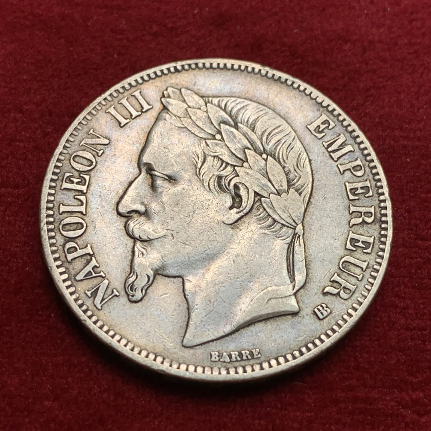 《竞宝斋》第102场-本周四 套币裸币专场（全场不限金额包邮） 法国 1867年 拿三 5法郎 银币 原味好细节