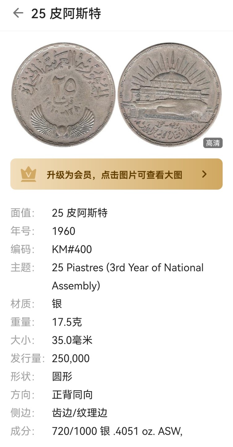 瓶子🏺第60期拍卖会 埃及1957-1960年25皮埃斯特国会纪念银币2枚