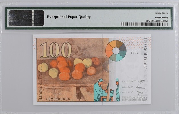 收藏联盟Quantum Auction 第197期拍卖 (已更新) 法国1997年100法郎 PMG67 首发年份的号码不带4