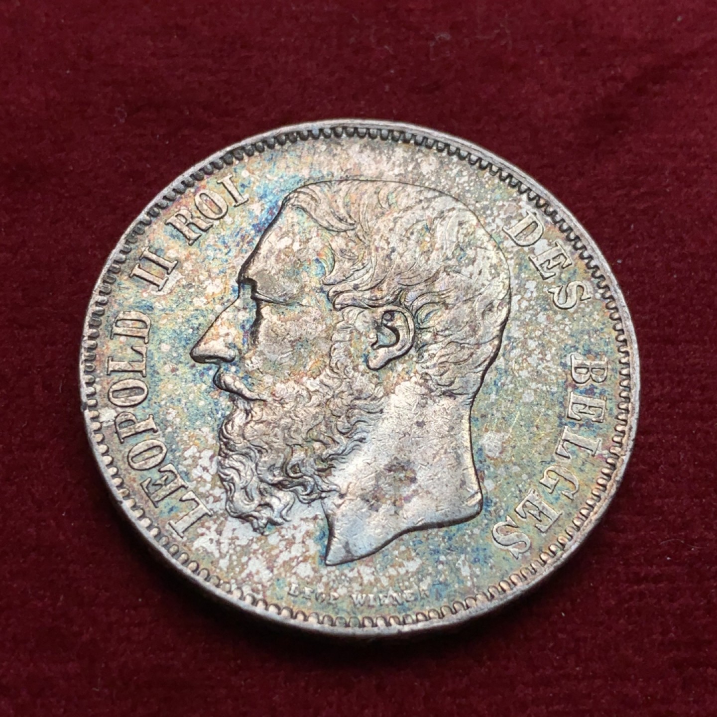 《竞宝斋》第102场-本周四 套币裸币专场（全场不限金额包邮） 比利时 1868年 5法郎 银币 彩包浆 光不错