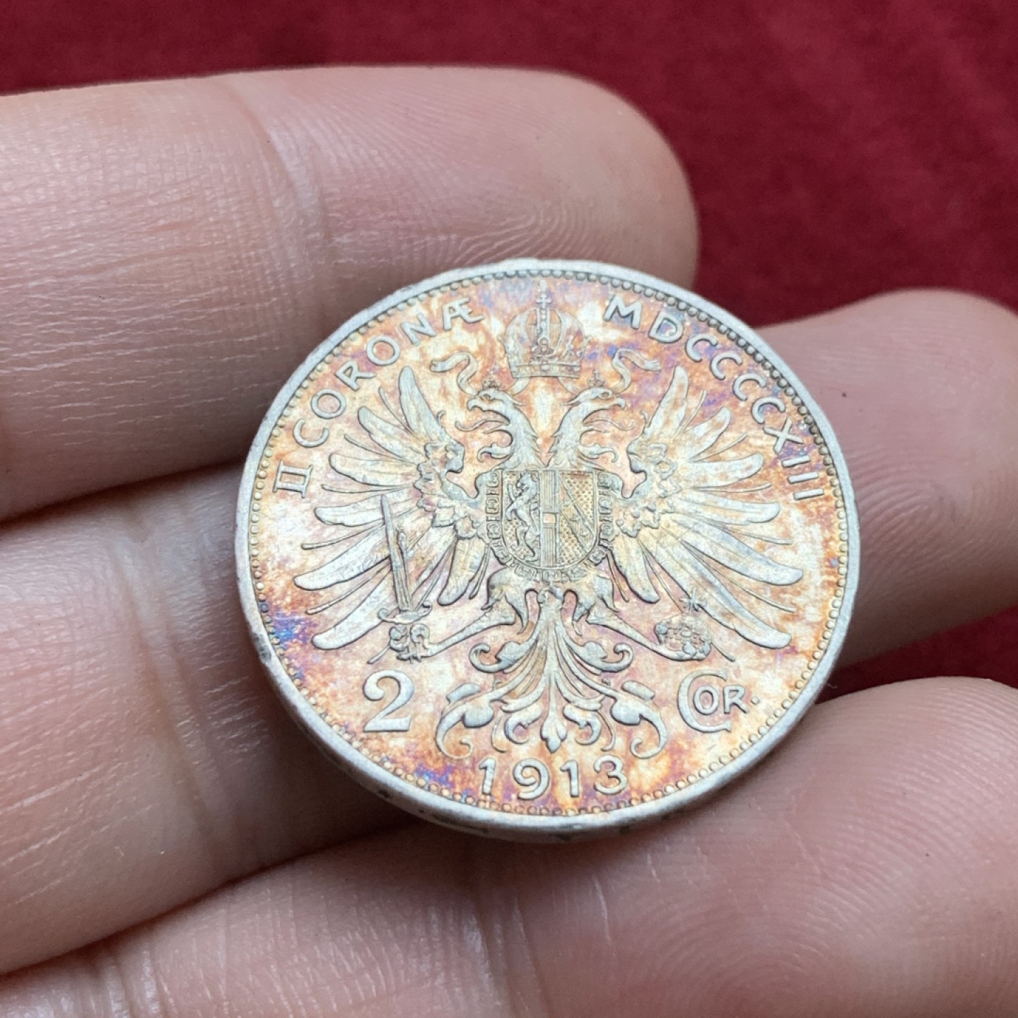 《竞宝斋》第102场-本周四 套币裸币专场（全场不限金额包邮） 奥地利 1913年 五彩包浆 2克朗 银币 底光十分好