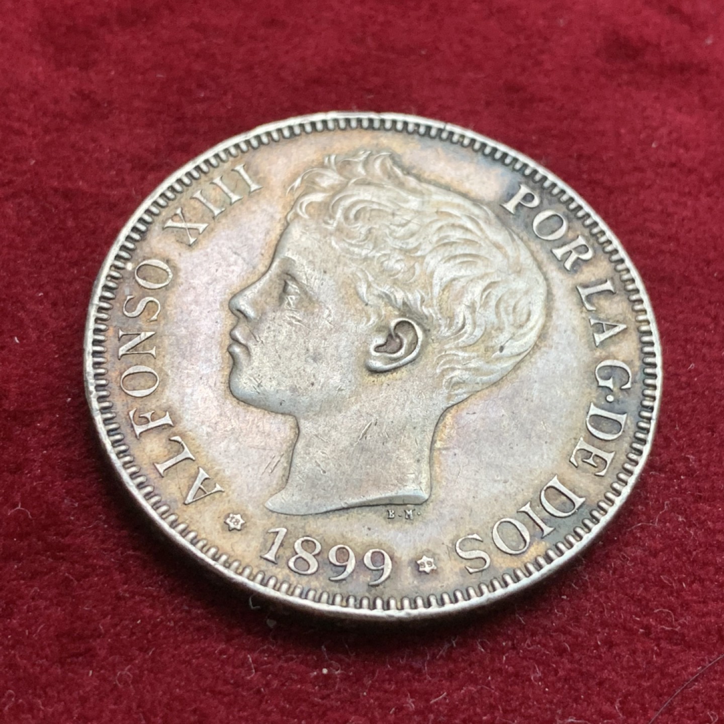 《竞宝斋》第102场-本周四 套币裸币专场（全场不限金额包邮） 西班牙 1899年阿方索十三世 5比塞塔 大银币 五彩包浆非常漂亮