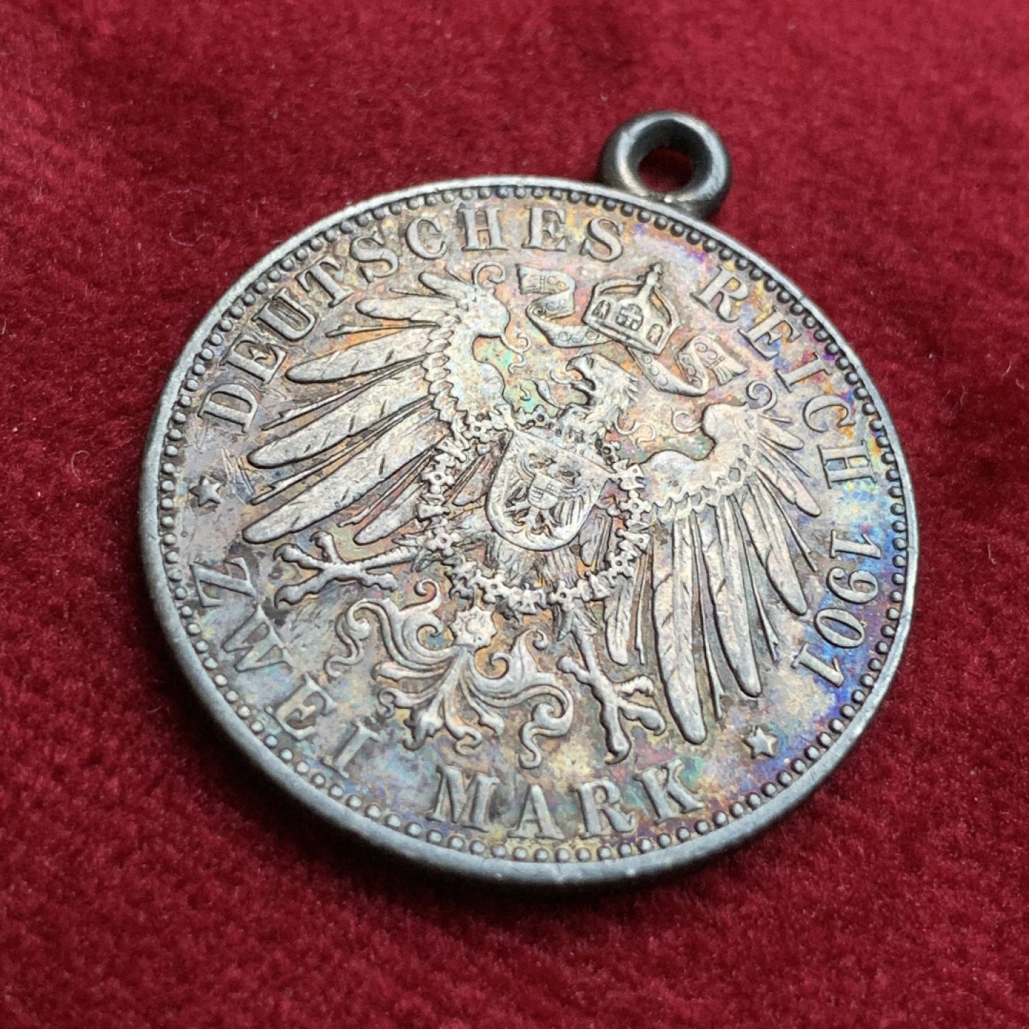 《竞宝斋》第102场-本周四 套币裸币专场（全场不限金额包邮） 德国普鲁士 1901年 两百周年纪念 2马克 黑包浆银币 带吊环