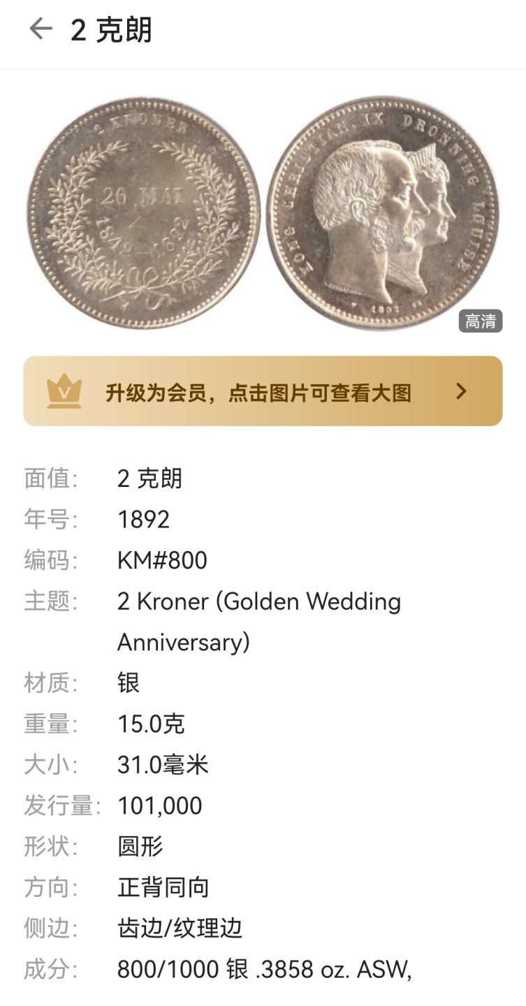 瓶子🏺第60期拍卖会 稀少丹麦1888-1892年2克朗纪念银币