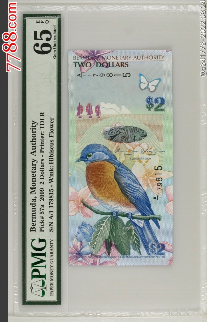 北极狼藏苑社·纸币专场 2194-百慕大2元蓝鸟钞纸币获奖币2009年A1冠‘PMG65EPQ