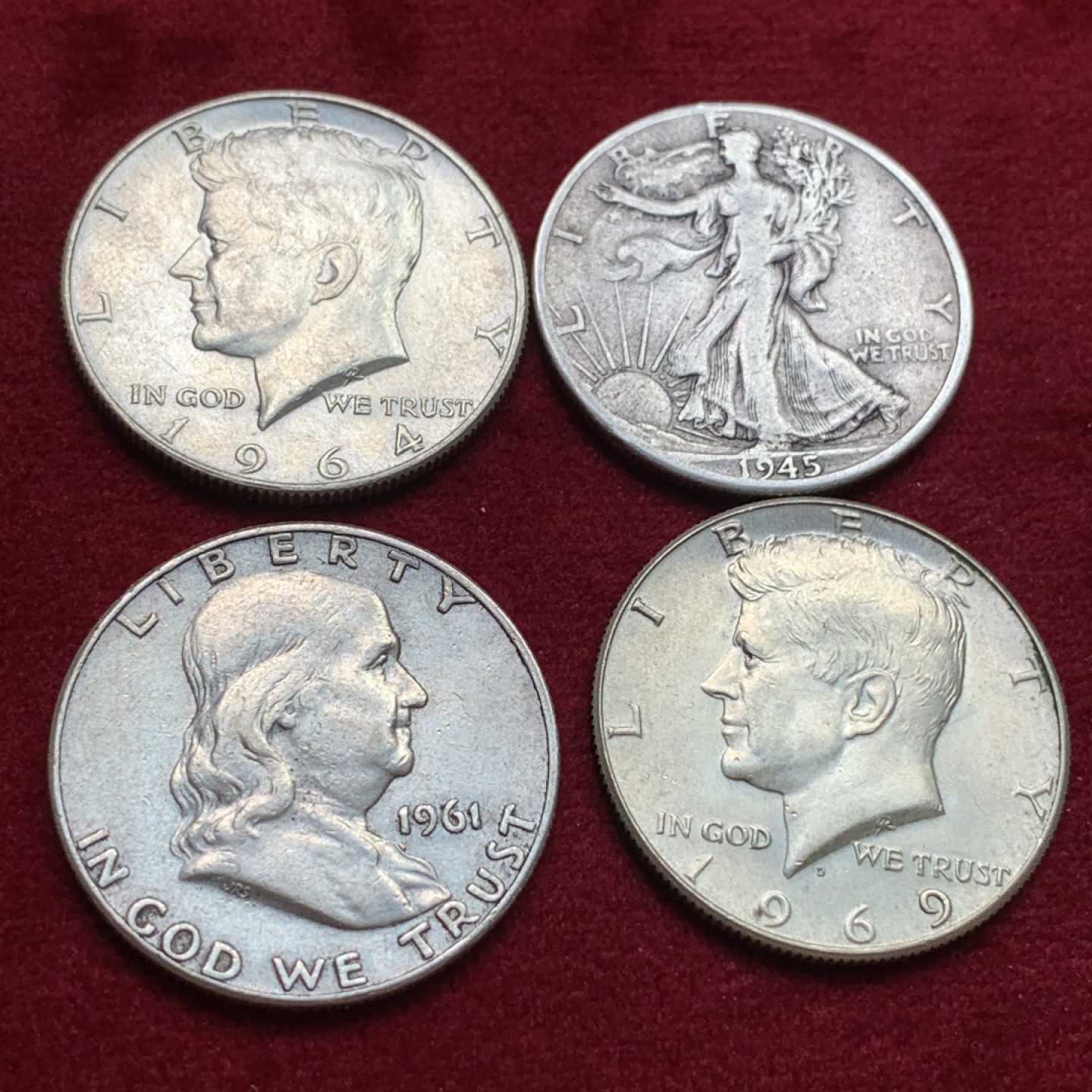 《竞宝斋》第102场-本周四 套币裸币专场（全场不限金额包邮） 美国 半美元1组4枚 行走女神 富兰克林 肯尼迪高银低银