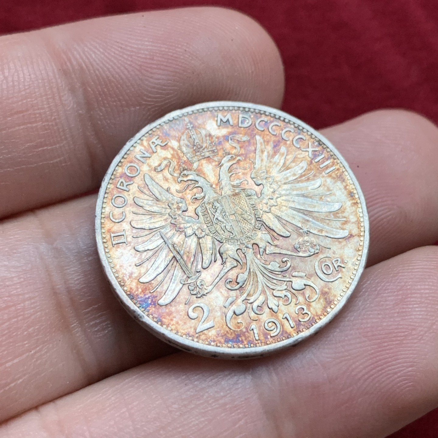 《竞宝斋》第102场-本周四 套币裸币专场（全场不限金额包邮） 奥地利 1913年 五彩包浆 2克朗 银币 底光十分好