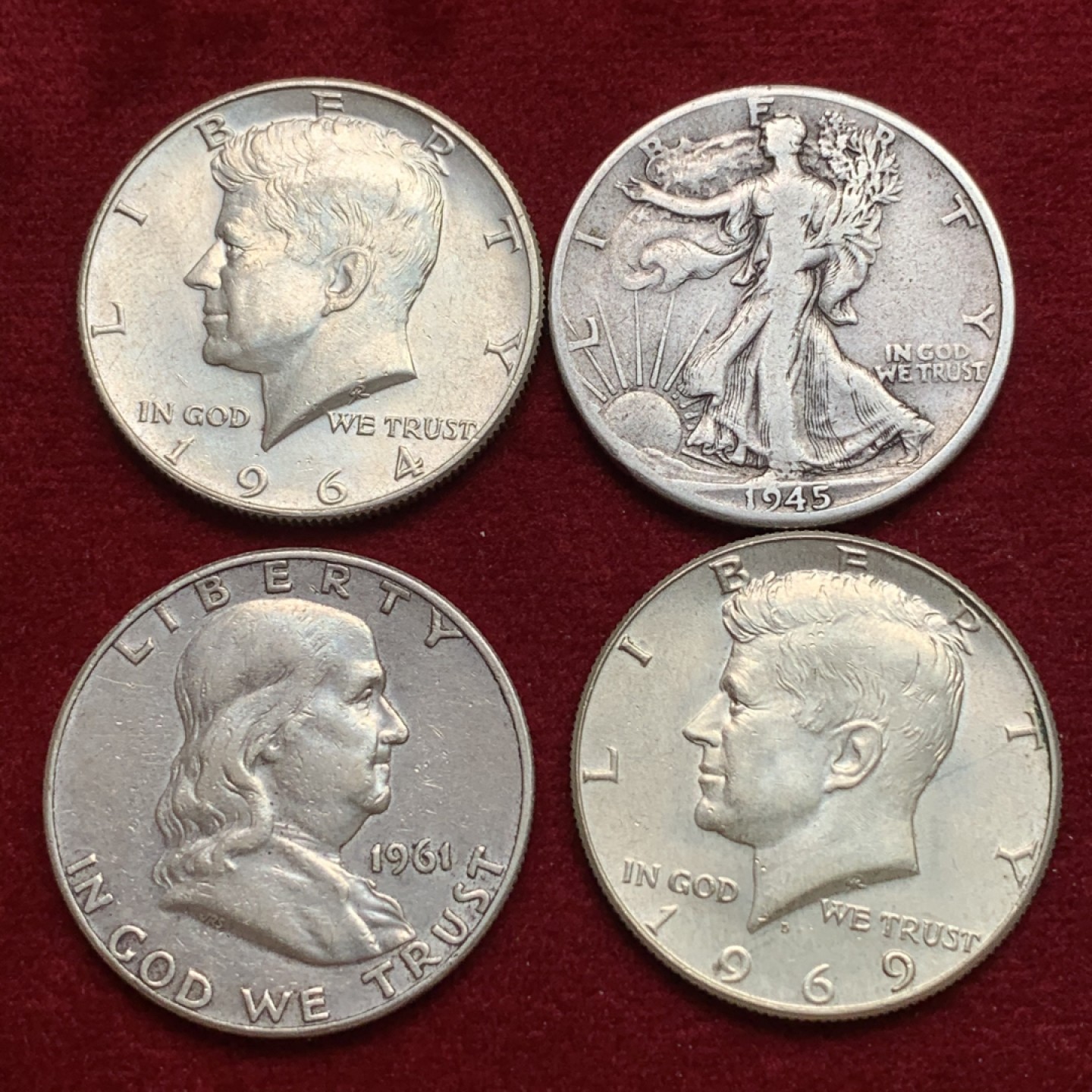 《竞宝斋》第102场-本周四 套币裸币专场（全场不限金额包邮） 美国 半美元1组4枚 行走女神 富兰克林 肯尼迪高银低银