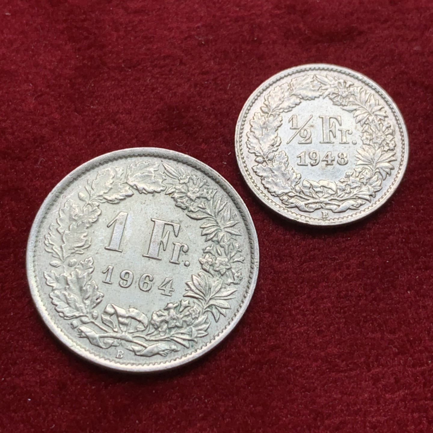 《竞宝斋》第102场-本周四 套币裸币专场（全场不限金额包邮） 瑞士 银币2枚一组  1964年 1法郎+1948年1/2法郎