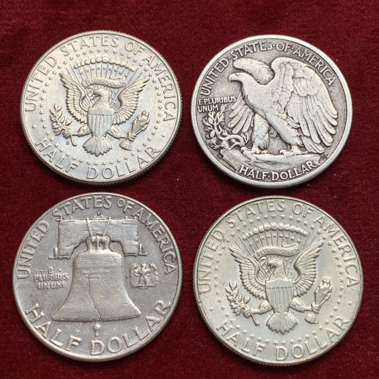 《竞宝斋》第102场-本周四 套币裸币专场（全场不限金额包邮） 美国 半美元1组4枚 行走女神 富兰克林 肯尼迪高银低银