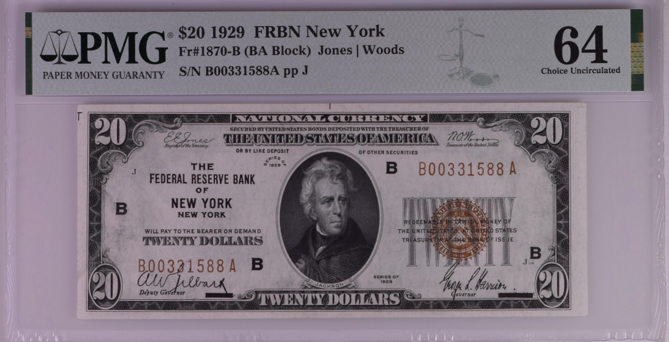 收藏联盟Quantum Auction 第197期拍卖 (已更新) 美国1929年联邦国民银行券(纽约)20元 PMG64 
