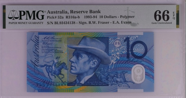 收藏联盟Quantum Auction 第197期拍卖 (已更新) 澳大利亚1993年10元  PMG66 蓝脸初版 少见