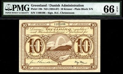 【Blue Auction】✨世界纸币精拍第233期 ——BattleShip - 【仅1张更高分 倒置号无47且实钞少见】格陵兰 1953-67年10克朗  座头鲸 PMG66EPQ 高分 精美