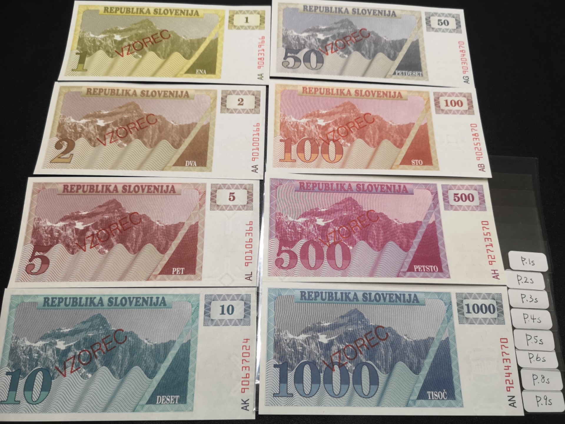 《外钞收藏家》第二百零七期（东欧三国裸钞专场） 斯洛文尼亚-1990-92年1-1000 8张一起 第一套纸币样本券大全套 全新