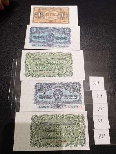 《外钞收藏家》第二百零七期（东欧三国裸钞专场） - 捷克斯洛伐克1、3、5、3、5克朗五张 1953、1961年小面额各一套  ZB388549补号 全新